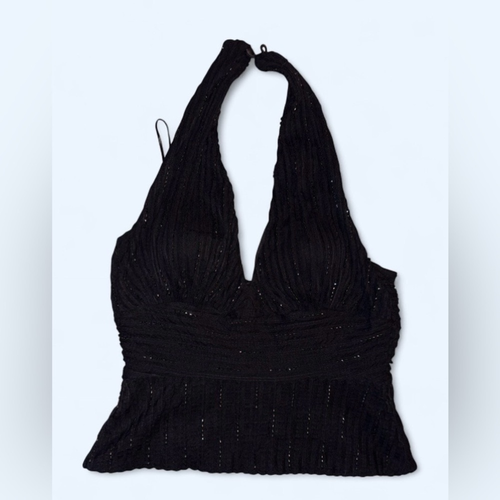 Cache Black Halter Top Pleated Shimmer Blouse Size 10 NWT